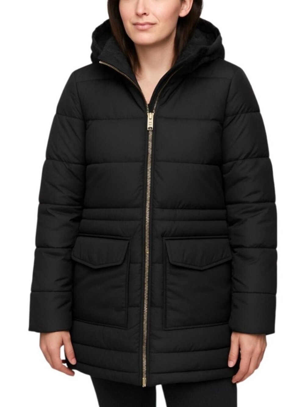 J Crew Womens Puffer Jacket~Size XS Petite~Black Midthigh Zip Pockets L11 36